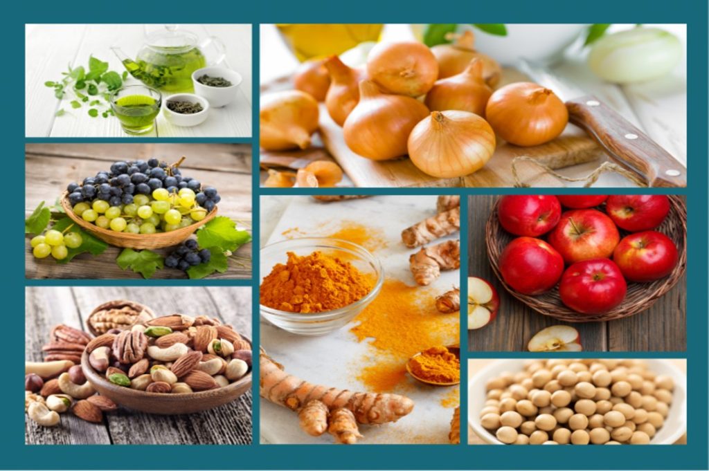 rà xanh, Vỏ nho (rượu vang đỏ), Quả hạch, Hành, Táo, Quả mọng, Nghệ, Đậu nành, Cây kế sữa.
